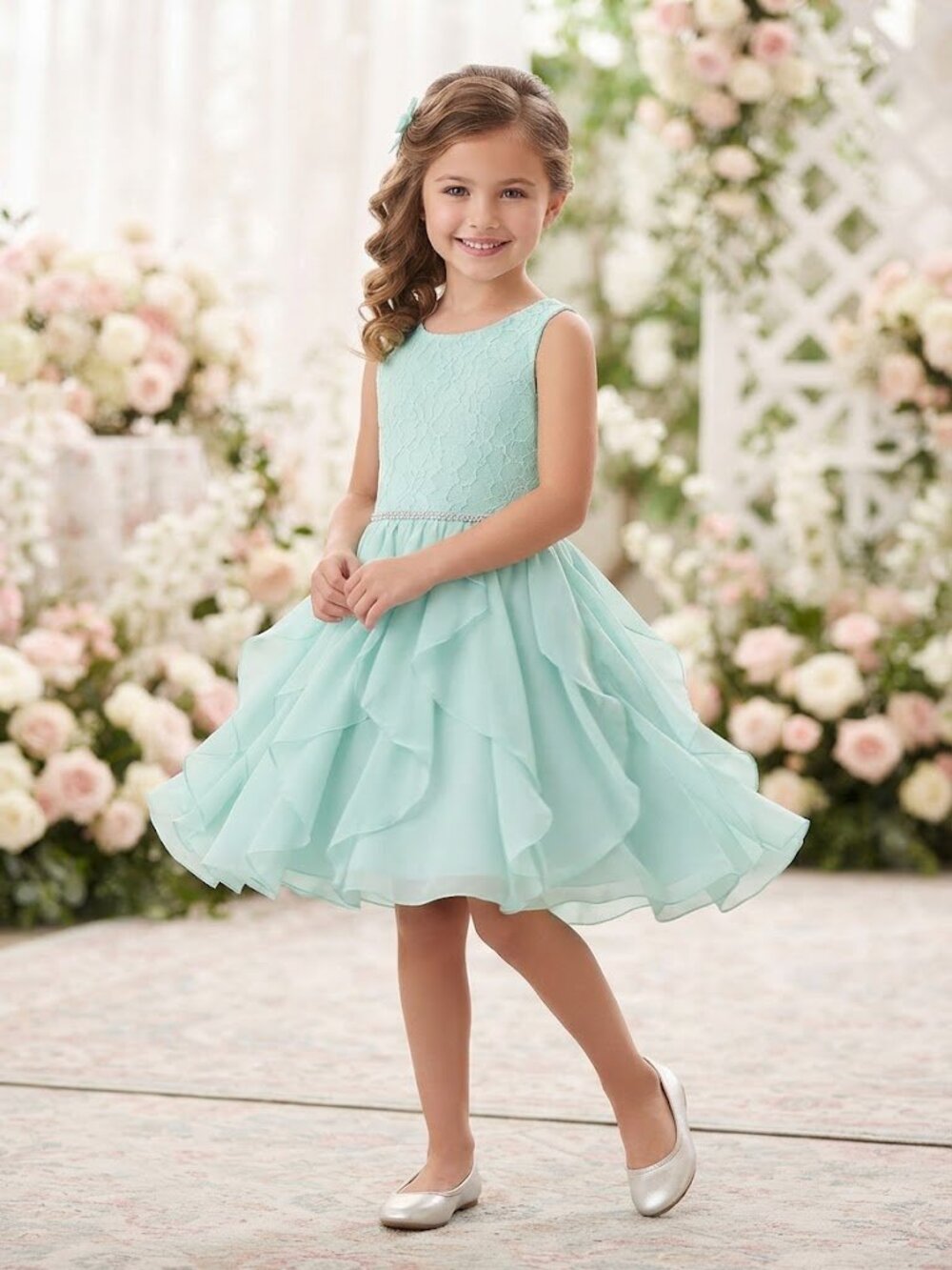 Emily West Teal/Aqua Lace & Ruffled Party Dress with Rhinestone Belt Size 8